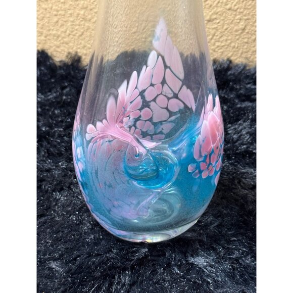 Hand-Blown Glass Vase With Pink & Blue Floral Design Unique Signed - Picture 6 of 10